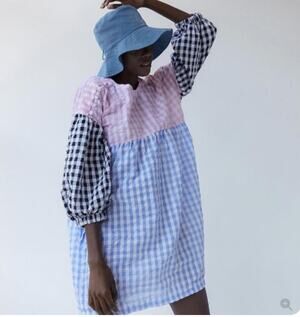 Tach Clothing Catarina Cloque Dress size M Gingham Mix Puff Sleeve Colorblock